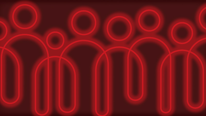 A digital illustration of red overlapping people icons in the style of a neon sign
