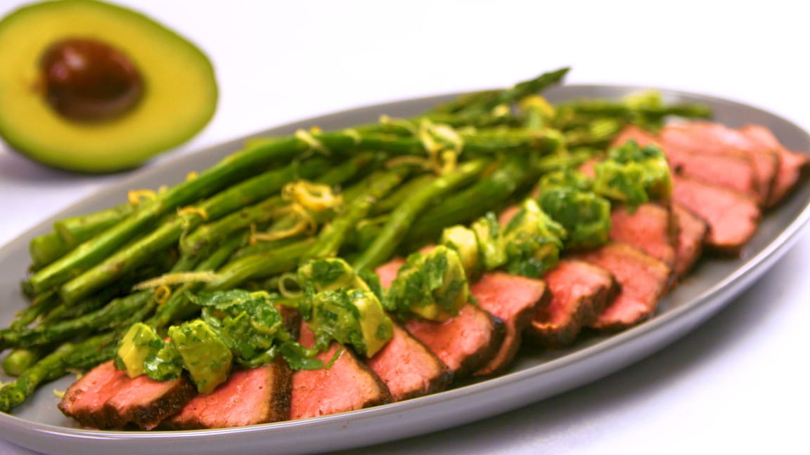 Avocado-Chimichurri Steak with Grilled Asparagus