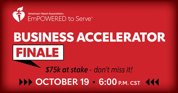 A red to black radial gradient background with the words 'Business Accelerator Finale - $75k at stake - don't miss it! October 19 - 6:00 p.m. CST' in black and white.