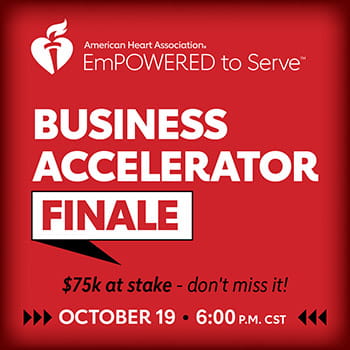 A red to black radial gradient background with the words 'Business Accelerator Finale - $75k at stake - don't miss it! October 19 - 6:00 p.m. CST' in black and white. A red to black radial gradient background with the words 'Business Accelerator Finale - $75k at stake - don't miss it! October 19 - 6:00 p.m. CST' in black and white.
