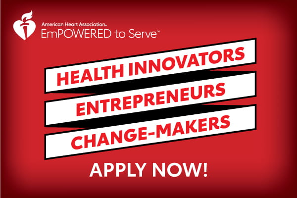 a red to black radial gradient background with three white diagonal strips displaying the words: health innovators, entrepreneurs and change-makers. Apply now! appears beneath them.