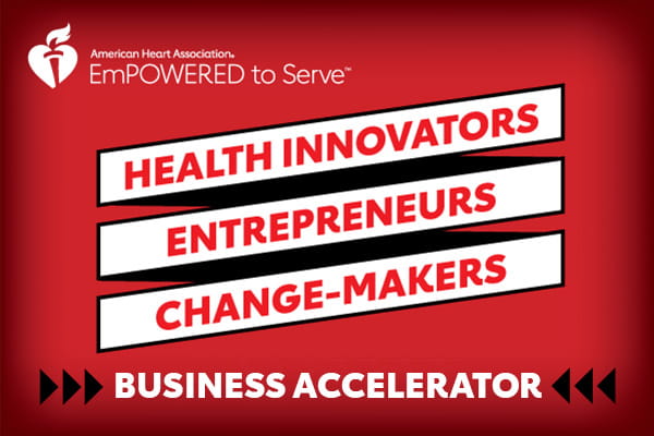 A red to black radial gradient background with three white diagonal strips displaying the words: health innovators, entrepreneurs and change-makers. Business Accelerator appears beneath them.