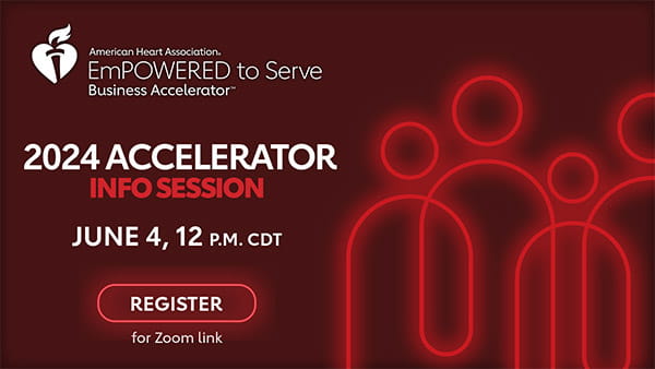 "June 4, 12 p.m. CDT" and "Register for Zoom link" are arranged next to a digital illustration of red overlapping people icons in the style of a neon sign on a dark maroon background.