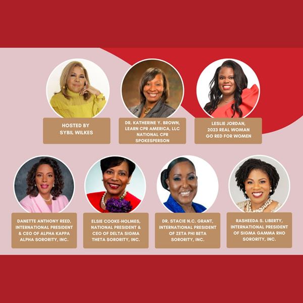 A red and pink background with head shots of Sybil Wilkes and six guests participating in the February 16, 2023 show A red and pink background with head shots of Sybil Wilkes and six guests participating in the February 16, 2023 show