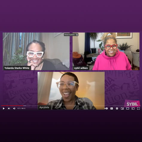 a purple background with a video frame of Sybil Wilkes, Yolanda Starks White and Aprylete Russell during the May 18, 2023 show