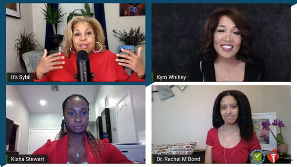 a grid of four Black women smiling in a remote video conference
