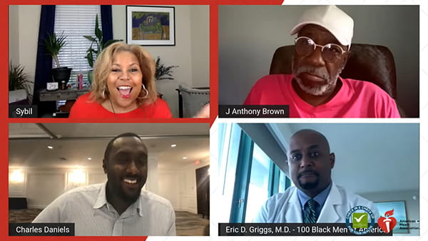 a grid of four Black people having a discussion in a remote video conference