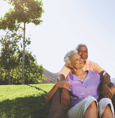happy senior couple sitting in park