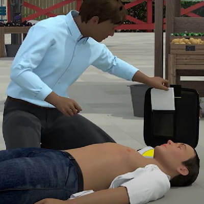 a digital illustration of a bystander preparing to give emergency treatment to an unresponsive man laying on the ground at a market