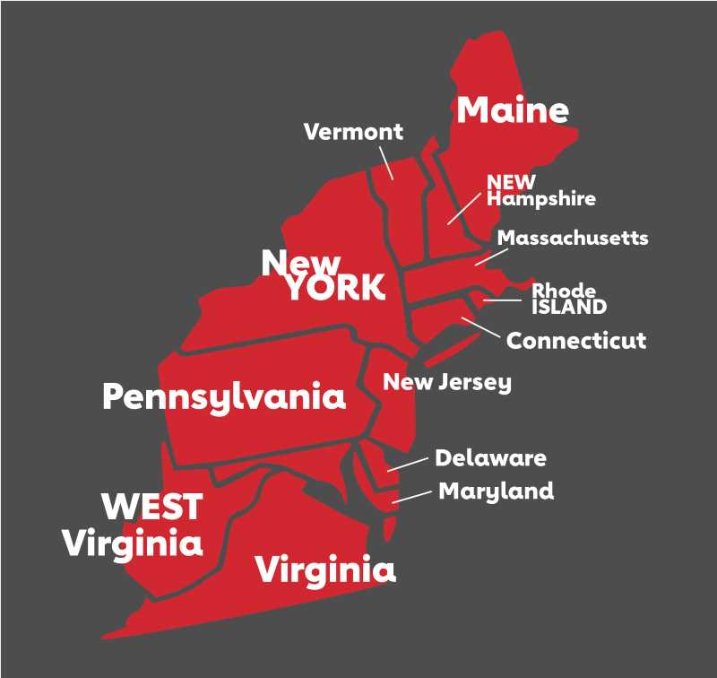 map of Connecticut, Delaware, Maine, Maryland, Massachusetts, New Hampshire, New Jersey, New York, Pennsylvania, Rhode Island, Vermont, Virginia and West Virginia and Washington, D.C.