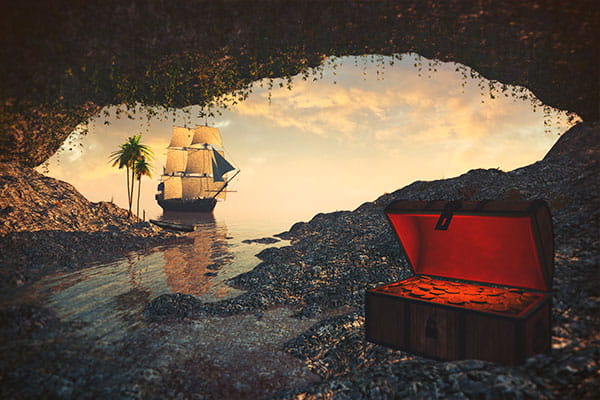 a painting of a treasure chest filled with coins in a cave with a tall ship sailing in the distance