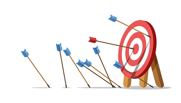 a digital illustration of a red & white target board with some arrows in the ground and one in the bullseye