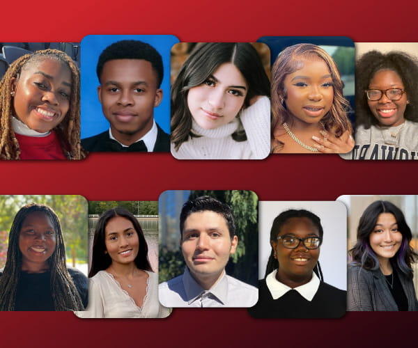 a collage of the 2023 EmPOWERED Scholars headshots on a red and black gradient background