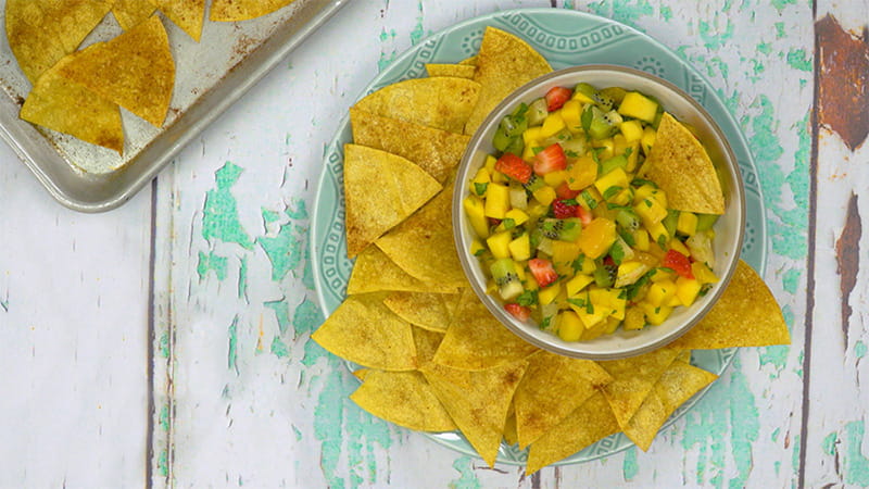 cinnamon tortilla chip with fruit salsa