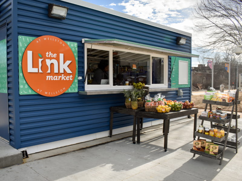 Link Market offers many staple grocery items in the retrofitted shipping containers and mobile units, but places an emphasis on fresh fruits and vegetables at affordable prices. (Photo by Serena Bugett-Teague)