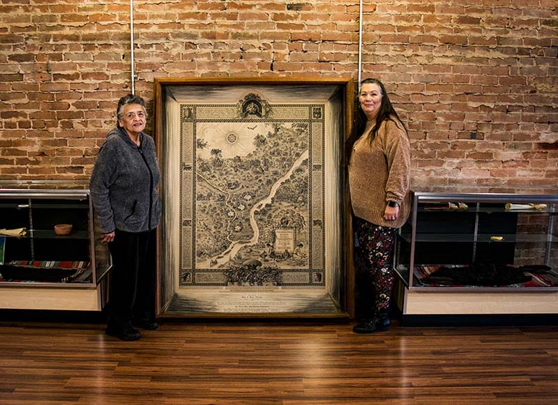 Linda Poolaw (left) and Delaware Nation President Deborah Dotson with the historic Coaquannock map that was donated to the Delaware Nation last year. (Photo courtesy of Wesley Boone)