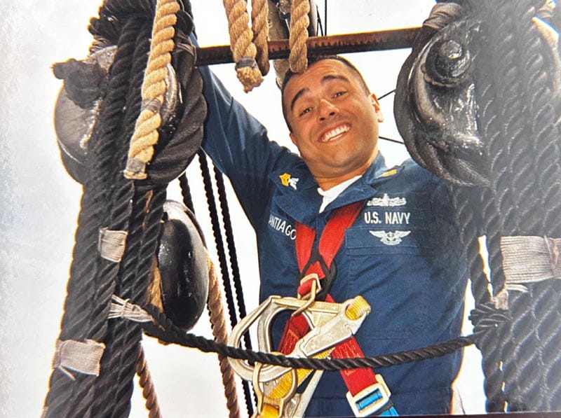 Rob Santiago climbs the shrouds of the world's oldest commissioned warship, the Constitution, circa 2006. Santiago closed out his 20-year Navy career aboard the vessel. (Photo courtesy of Rob Santiago)