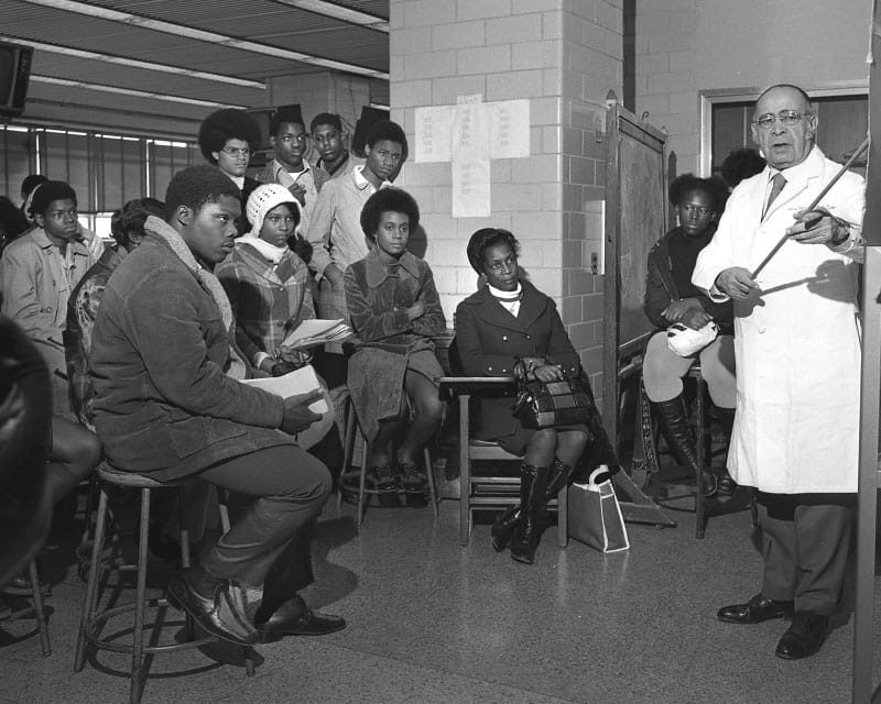 Dr. William Montague Cobb teaches a class at Howard University in 1971. Cobb, a Howard graduate, taught anatomy at the school for nearly 50 years. (Photo courtesy of Howard University)
