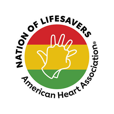 "Nation of Lifesavers American Heart Association" encircles a graphic with white line art of hands in CPR formation on top of red, gold and green horizontal stripes