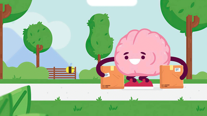 A colorful illustration of a pink brain character with each arm around a cardboard box in a park setting