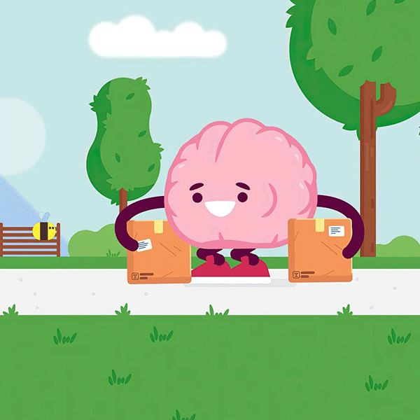 A colorful illustration of a pink brain character with each arm around a cardboard box in a park setting