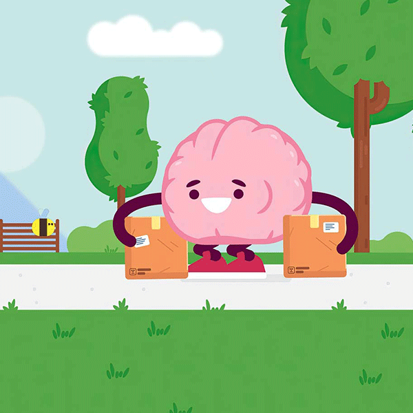 a colorful illustration of a pink brain character with each arm around a cardboard box in a park setting