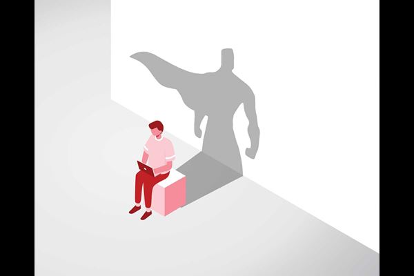graphic of man on laptop with super hero shadow