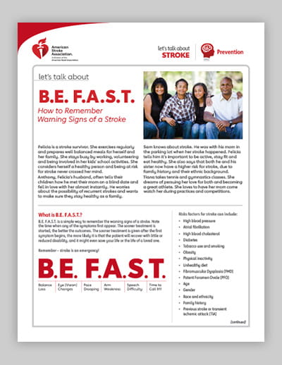 front page of the Let's Talk About Stroke: B.E. F.A.S.T. resource